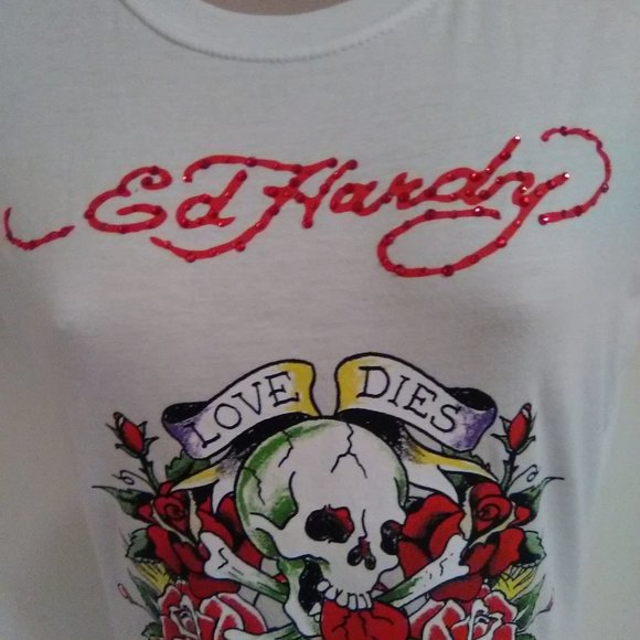 Ed Hardy White Short Sleeve with Rhinestones "Love Dies Hard" T-shirt - Picture 9 of 13